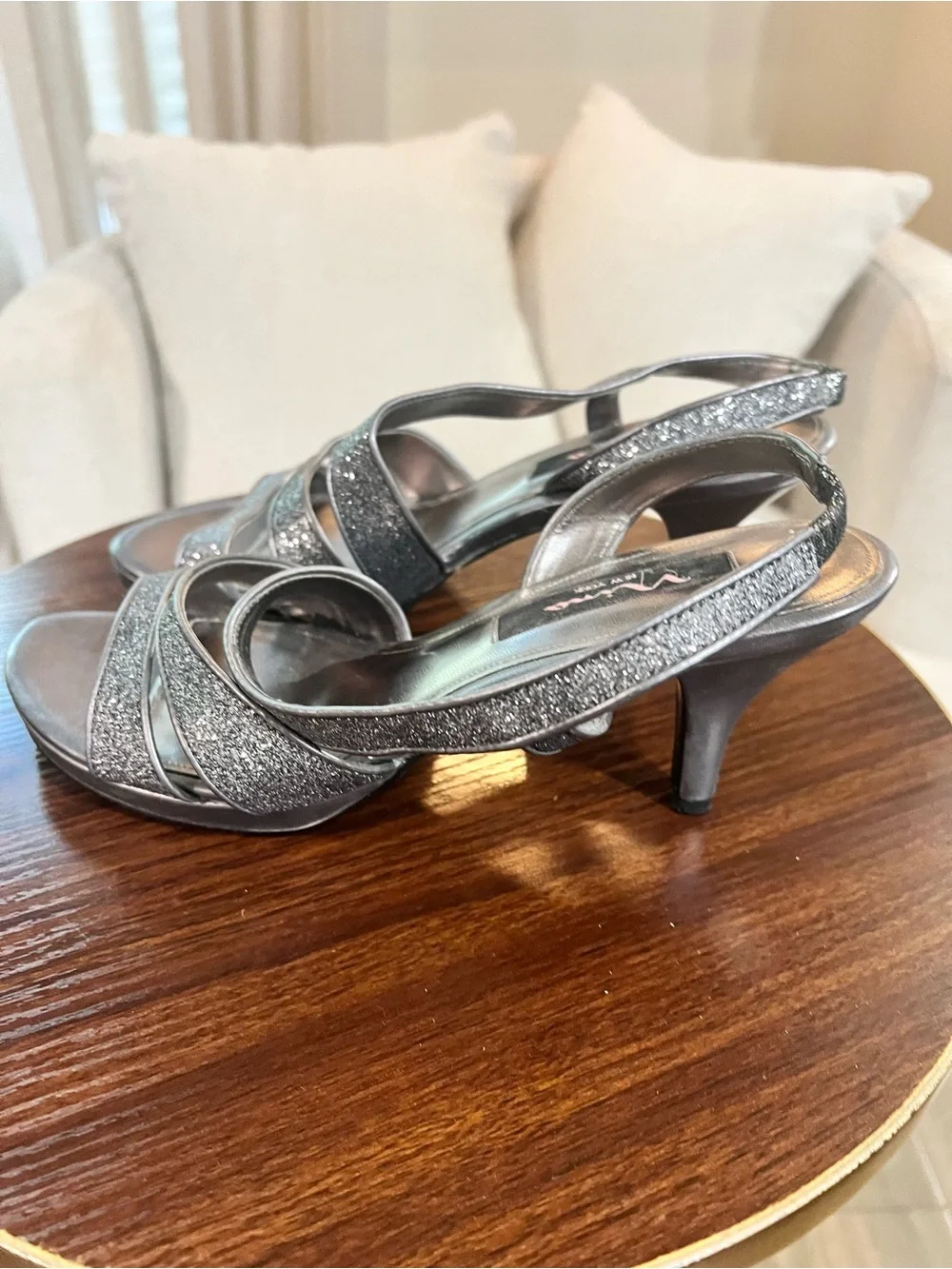 Nina Silver Glitter Strappy Sandals, very good condition, size 9